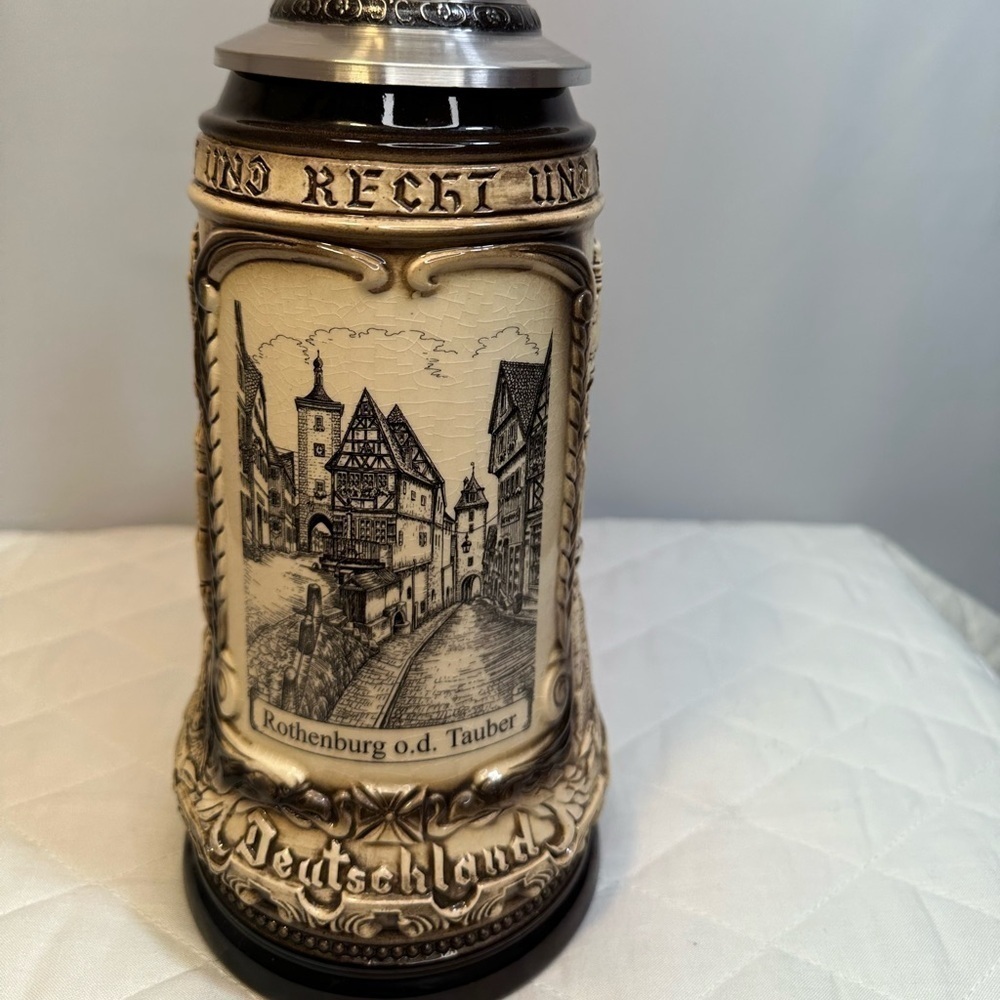 Rothenburg German Beer Stein Rustic Natural With Silver Tone Pewter Cup Vintage - Picture 6 of 15